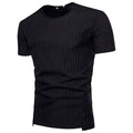 Men's cotton blend striped O-neck t-shirt available in black and gray sizes M to 3XL