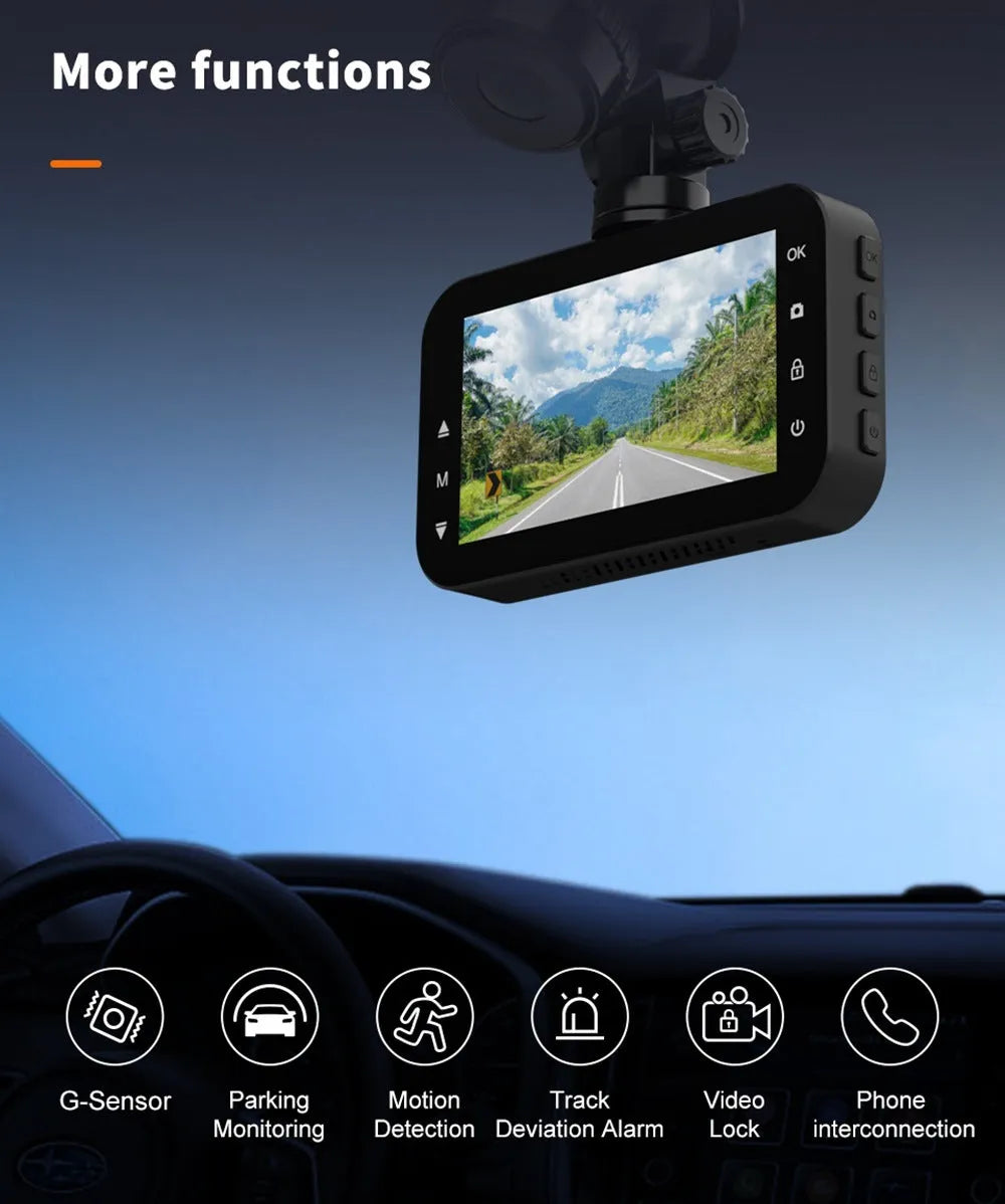 ThiEYE front and rear car dash camera with 3-inch screen mounted on car windscreen