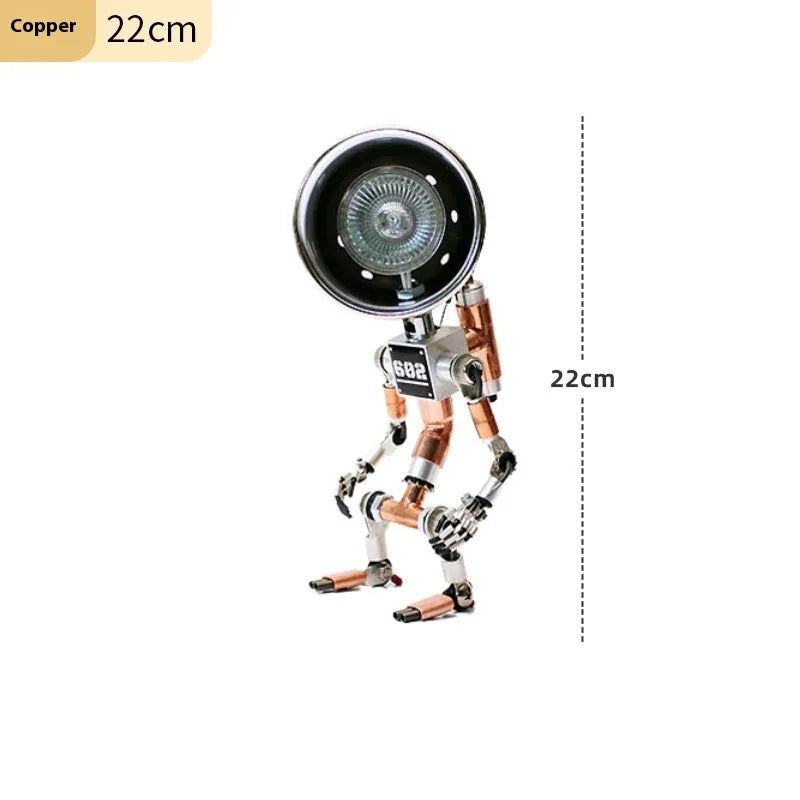 Silver and copper robot-shaped decorative desk lamp in 22cm and 29cm sizes.