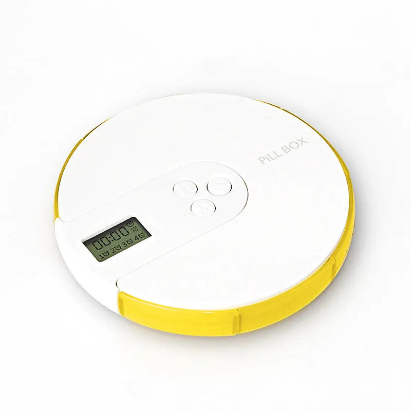 Seven-compartment electronic pill dispenser with alarm clock display, shown in blue.