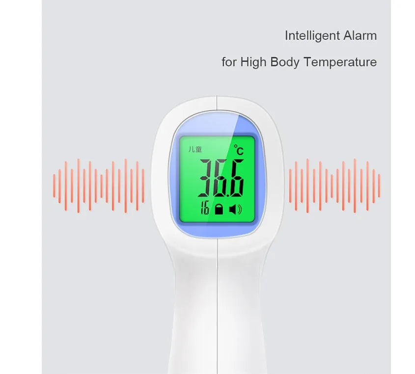 White non-contact infrared forehead thermometer on a blue background with LCD screen
