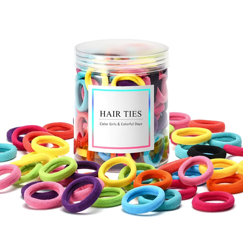 100 multicolour seamless cotton baby hair ties in small jar packaging
