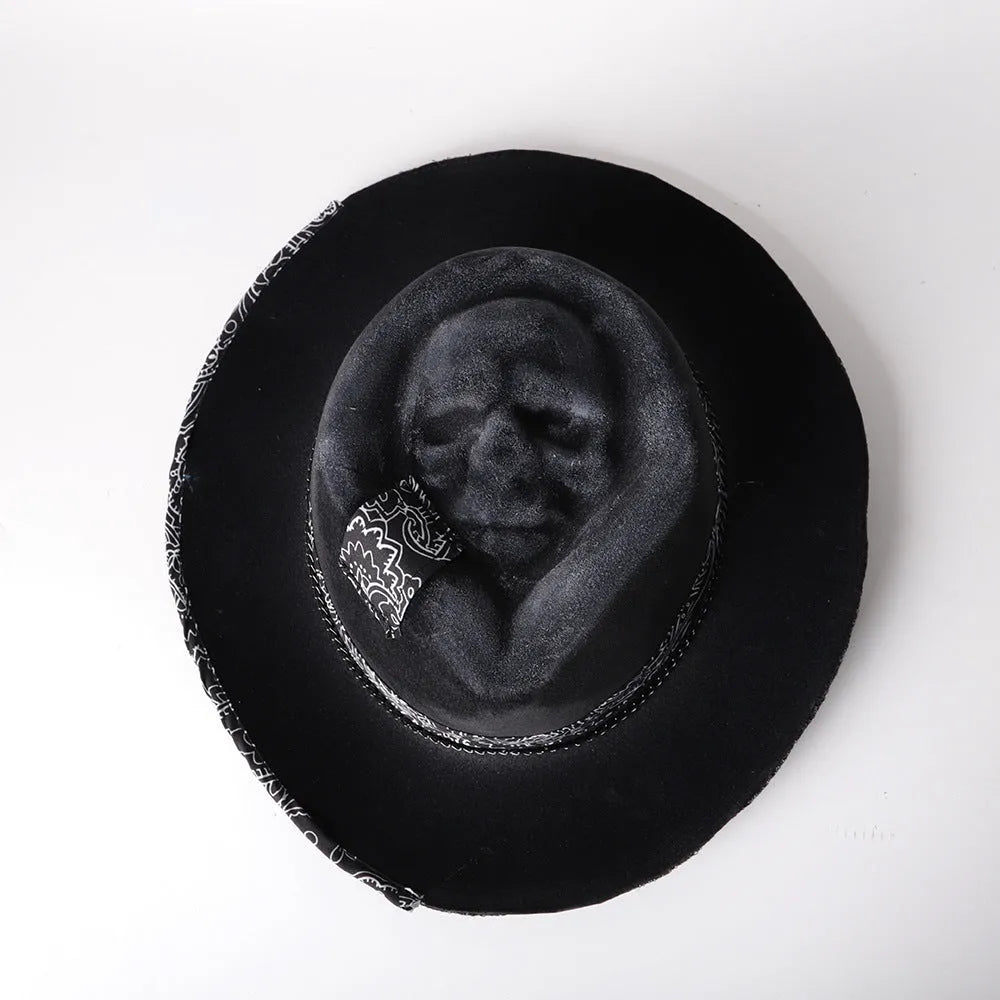 Handmade wool skull hat with conical crown and embroidered design