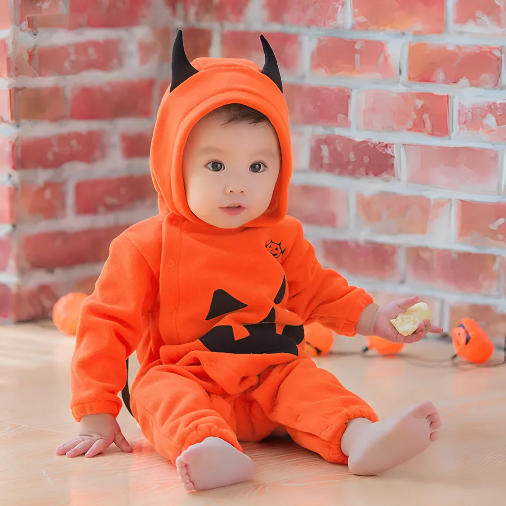 Orange Halloween pumpkin hooded jumpsuit for children with single-breasted closure and hood