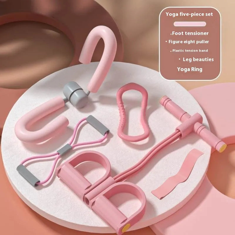 Yoga four piece fitness set showing leg stretching device, yoga ring, pedal puller, and figure eight tension rope