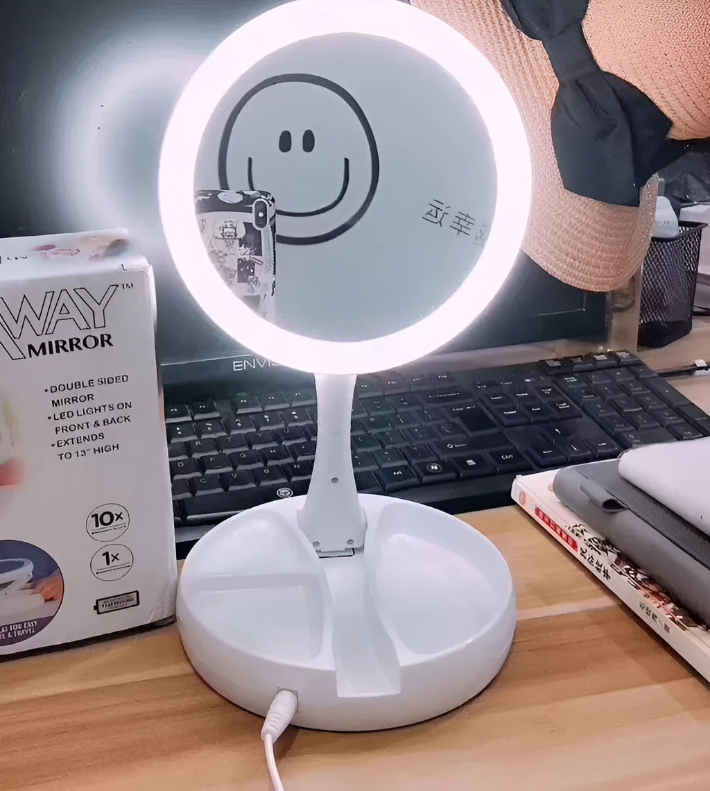 White acrylic vanity mirror with LED lights, double-sided magnification, and foldable design