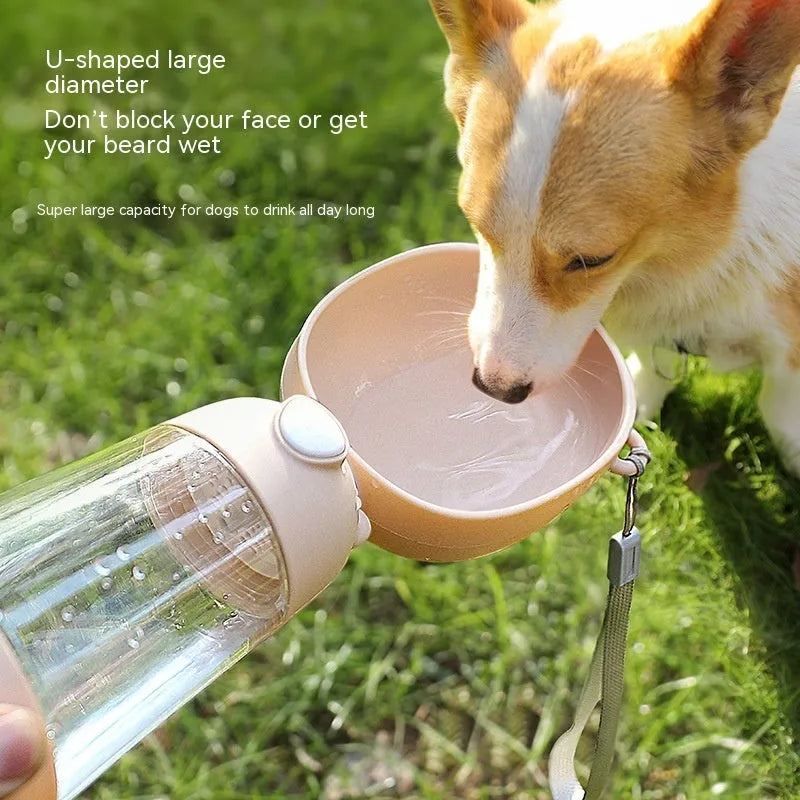 Portable dog water bottle and food container for outdoor travel, shown in yellow, pink, and brown colours.