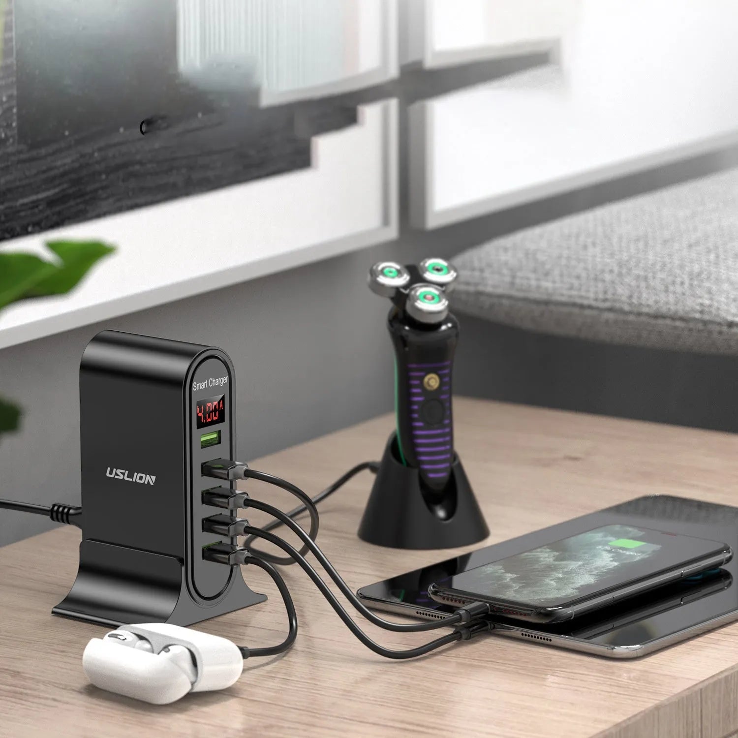 USB wall charger with LED digital display showing voltage readings, available in black and white with different plug types