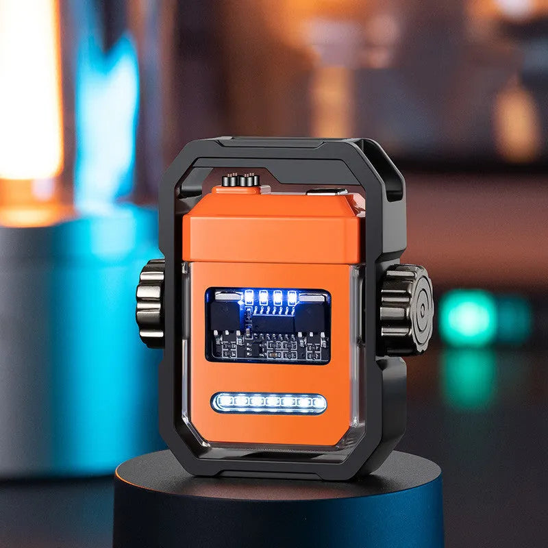 Blue Pulse X12 electric lighter with windproof double arc and a visible mechanical gyroscope, folded for storage.