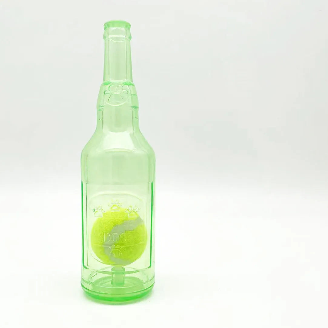 Blue natural rubber water bottle dog chew toy with squeaker at the tail on a white background