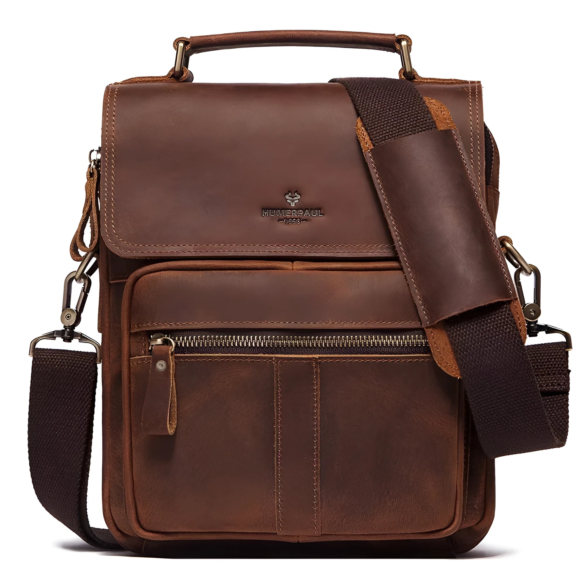 Men's brown leather shoulder bag with zipper buckle closure on soft surface