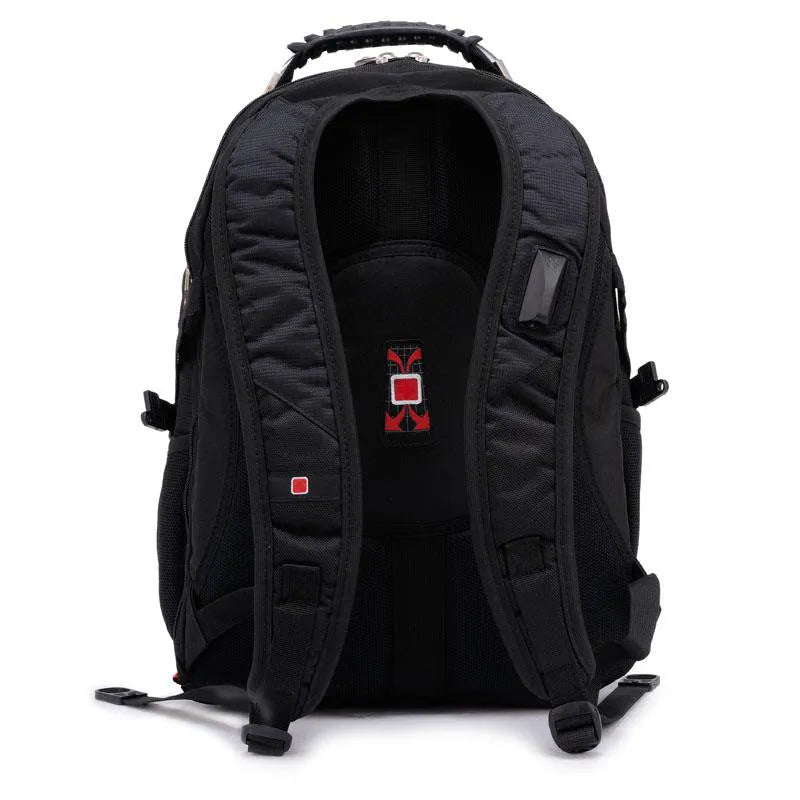 Black business computer backpack open to show three compartments and laptop sleeve.