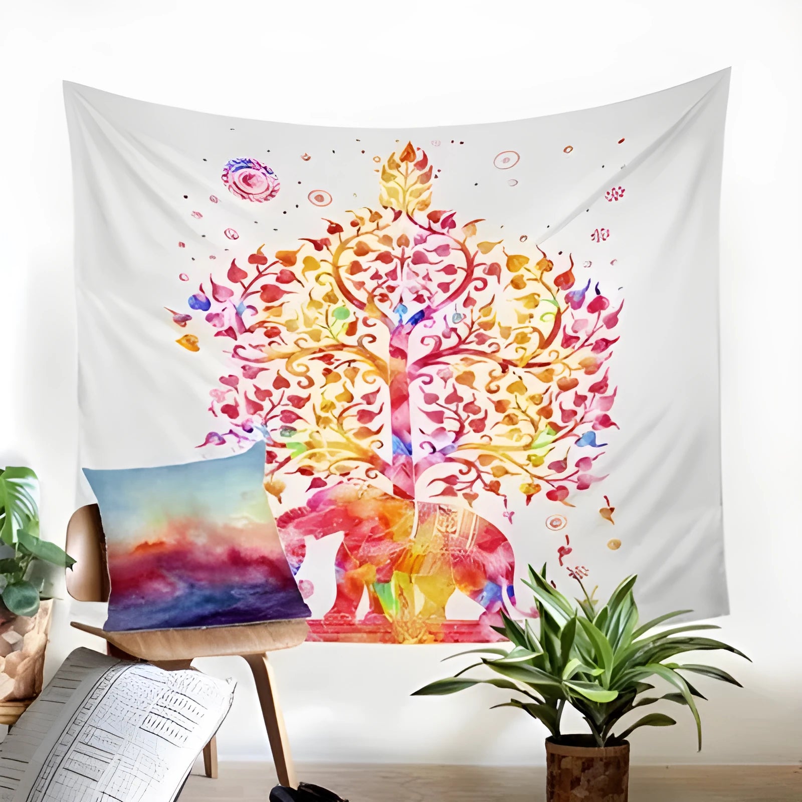European classical woven polyester fibre rectangular wall tapestry in bedroom setting, two size options