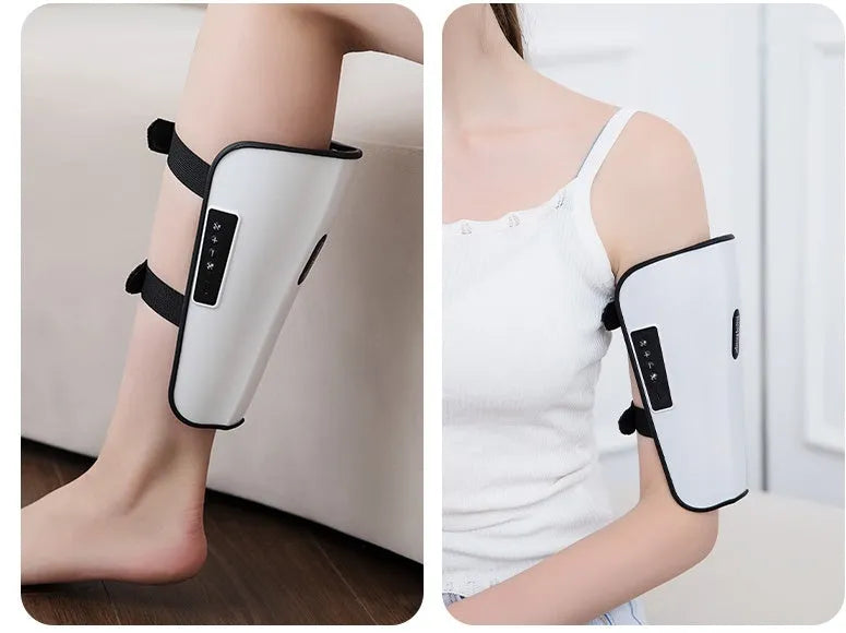 White plastic calf and leg massager unit with mechanical controls for infrared physiotherapy and electrotherapy pulse functions.