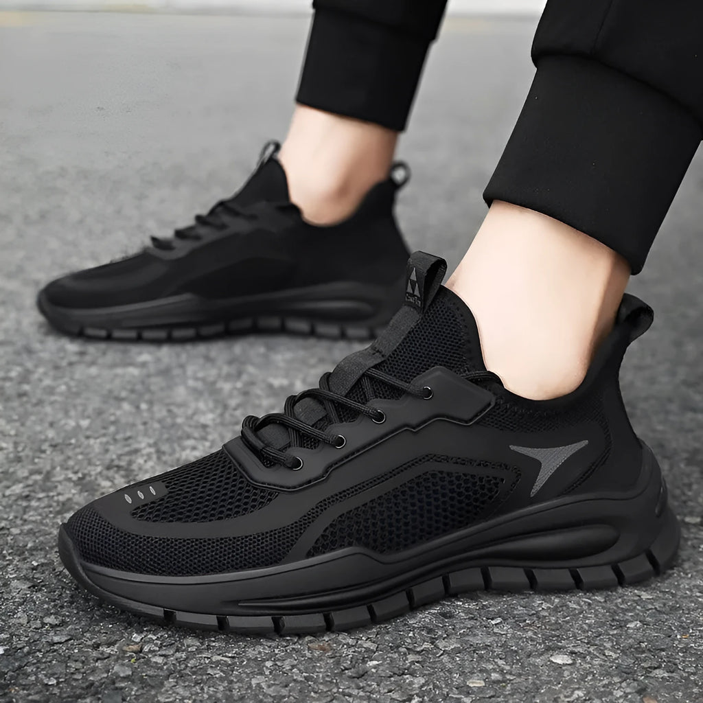 Mens breathable woven mesh low top lace up sports shoes in black and gray with PVC sole