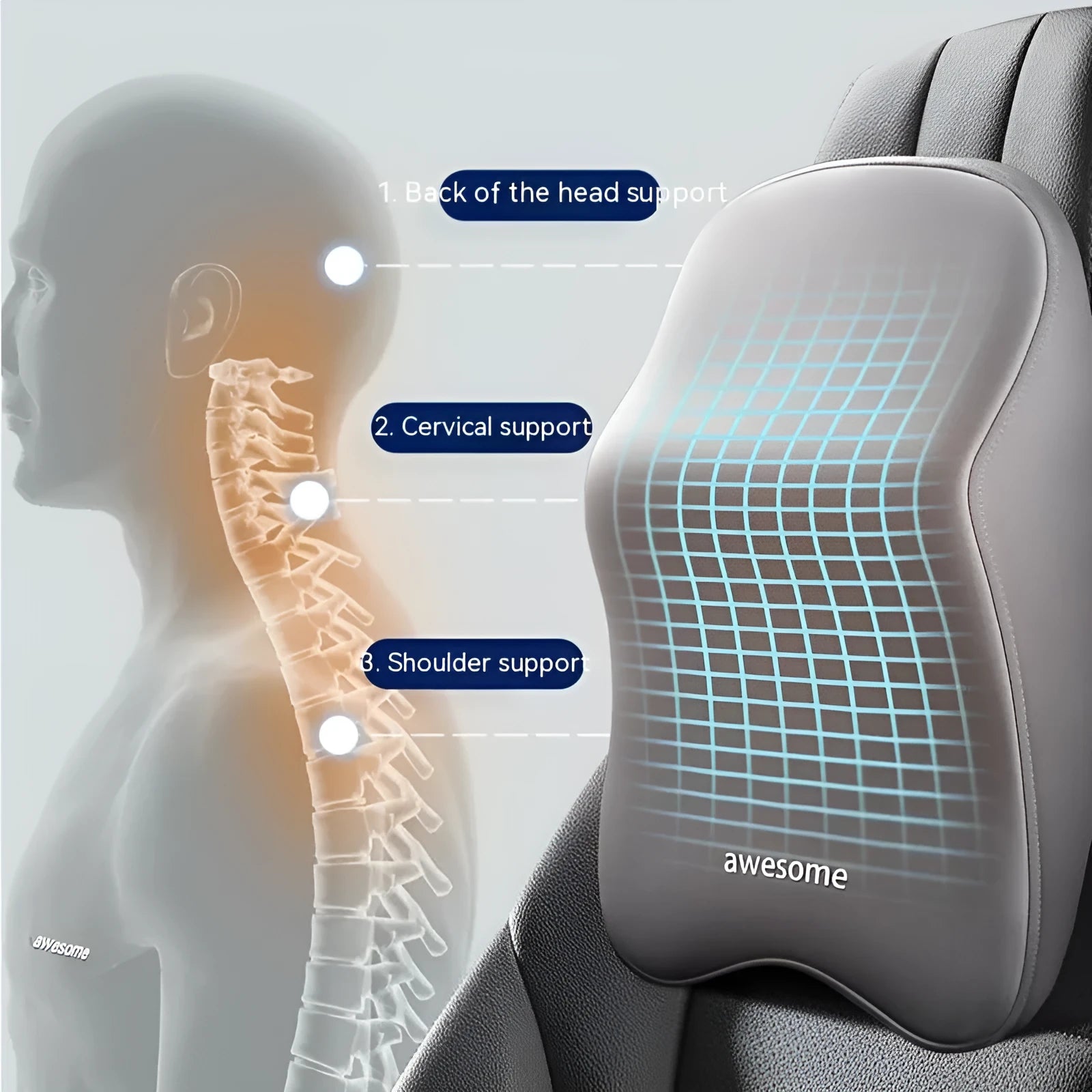 Memory foam car neck pillow and lumbar support cushion set in grey.