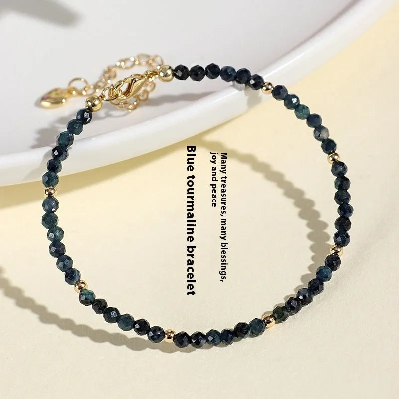 3mm blue tourmaline beaded bracelet with spacer bead design for women