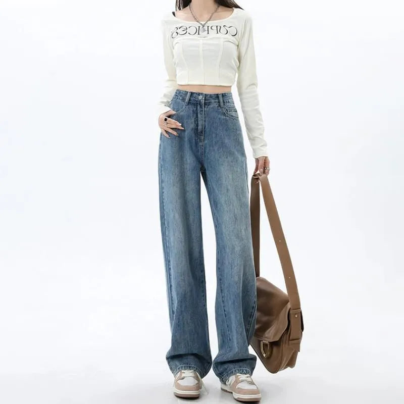 Women's retro blue high waist wide leg jeans with straight leg cut and stretch denim fabric