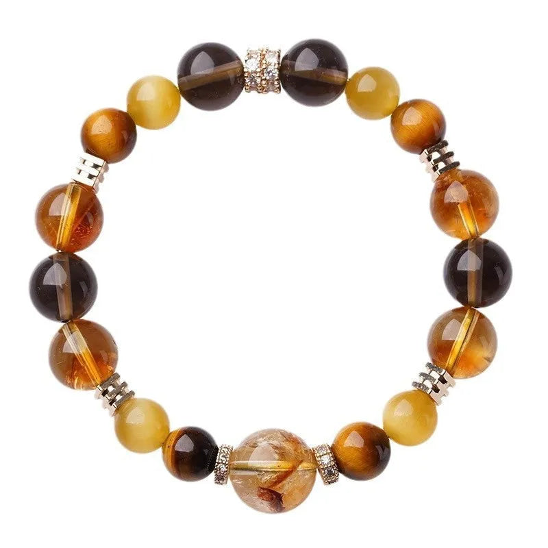 Unisex tiger-eye crystal bracelet with geometric yellow tower beads in 10mm or 12mm size options.