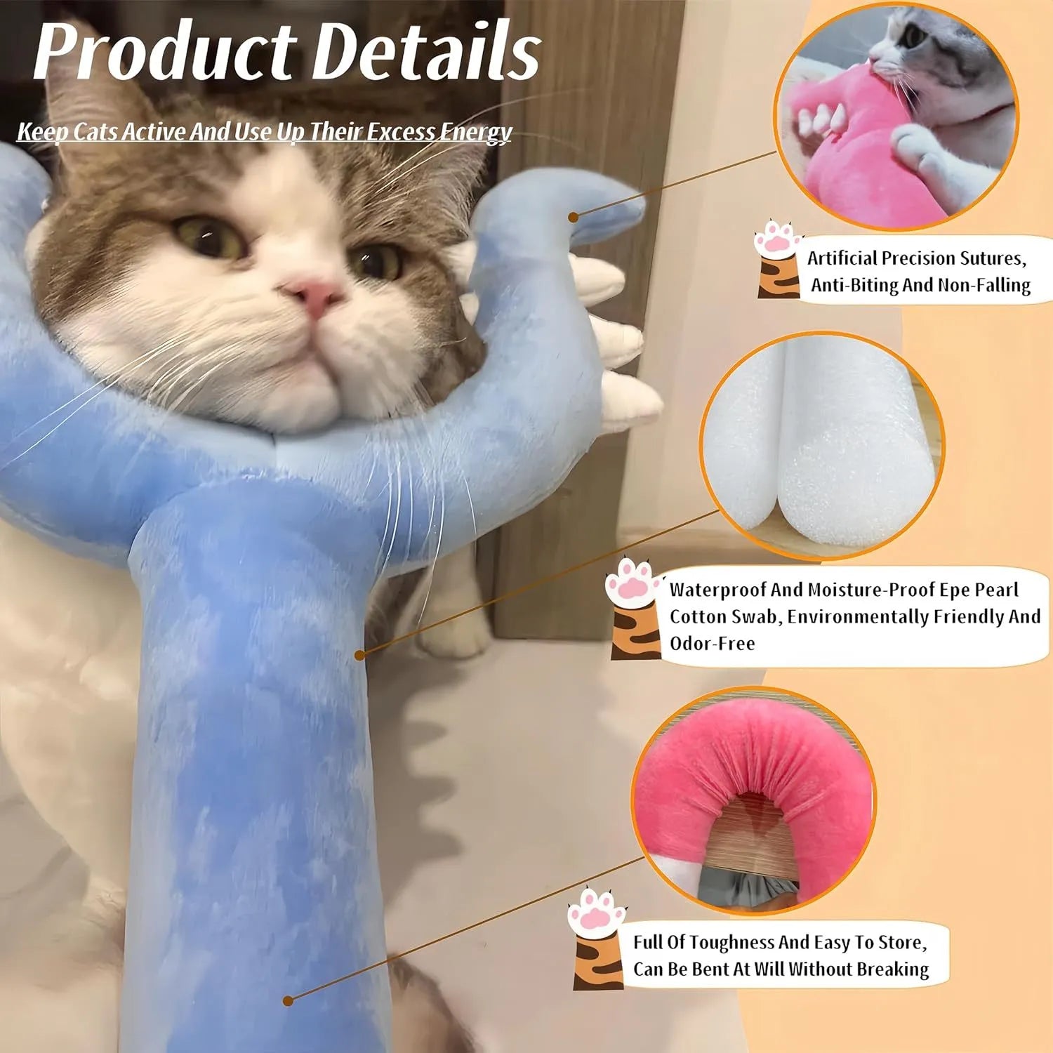 70cm blue plush cat wand toy with foam-filled front section for interactive play