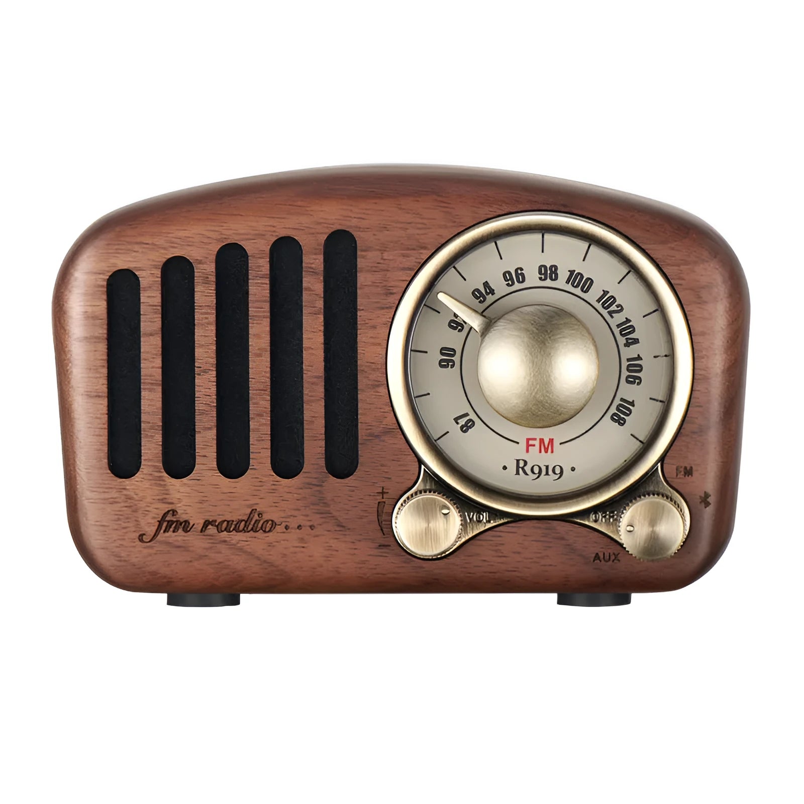Retro style wooden mini wireless Bluetooth speaker in cherry wood or walnut finish.