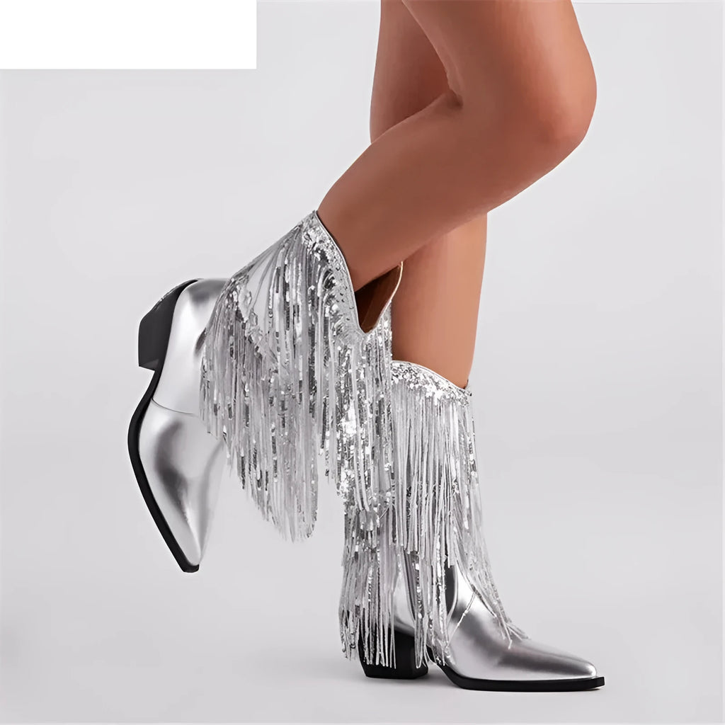 Women's black chunky heel tassel ankle boots with a high stiletto heel on a white background