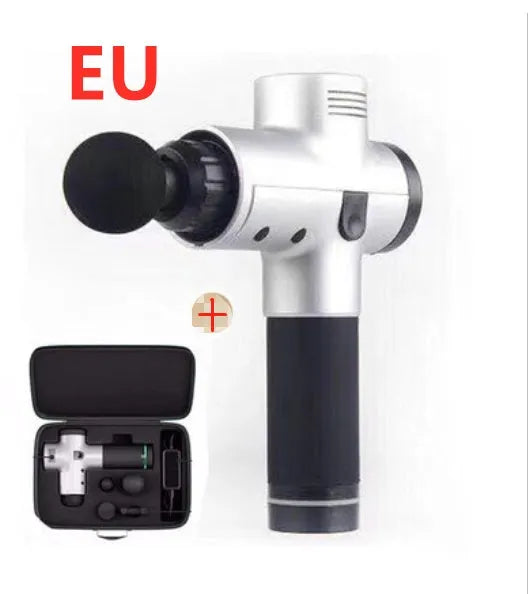 Deep tissue massage gun with 4 massage heads, 20 speed levels, quiet motor, 2400mAh battery, black and white options