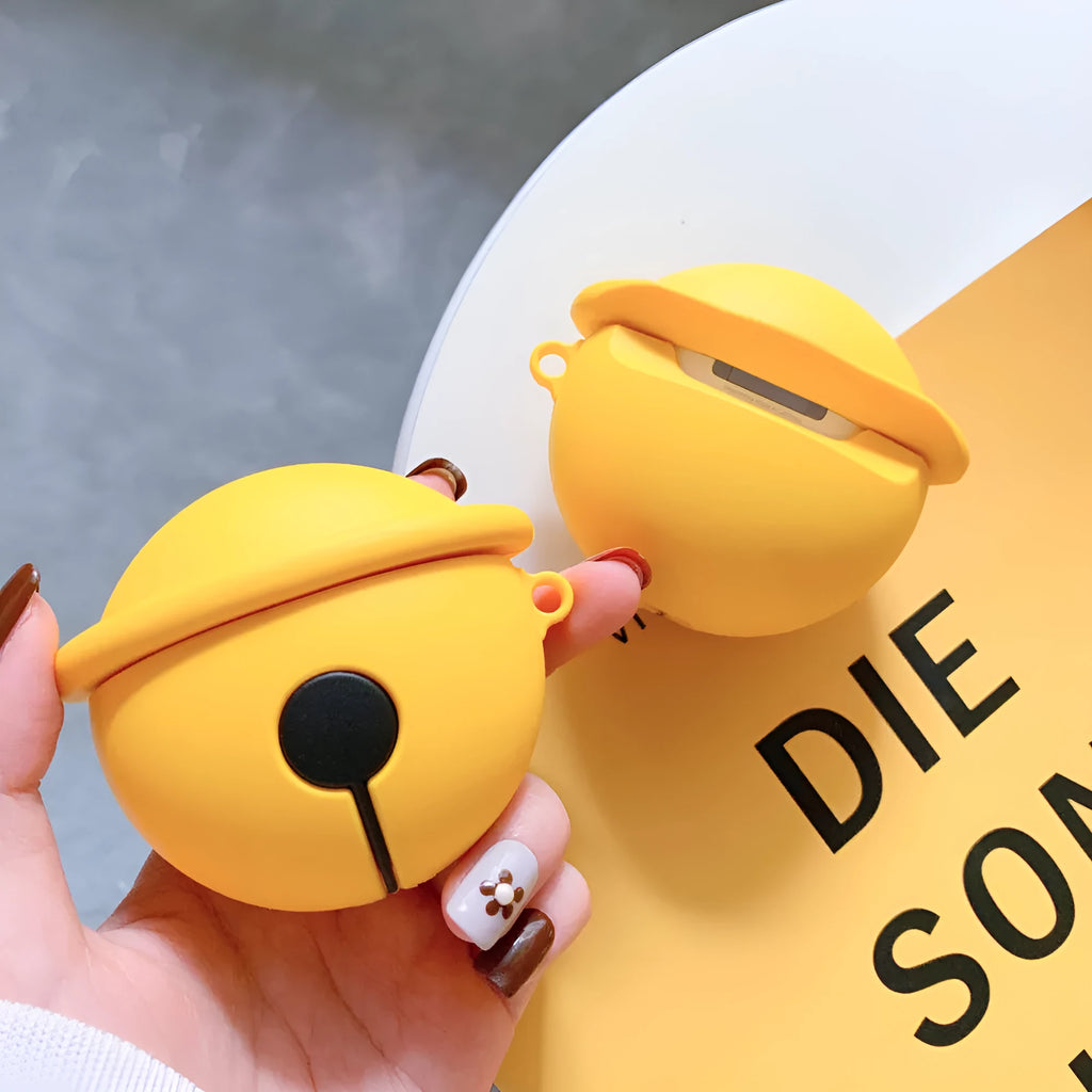 Yellow silicone protective case with a bell charm for 1st and 2nd generation AirPods.