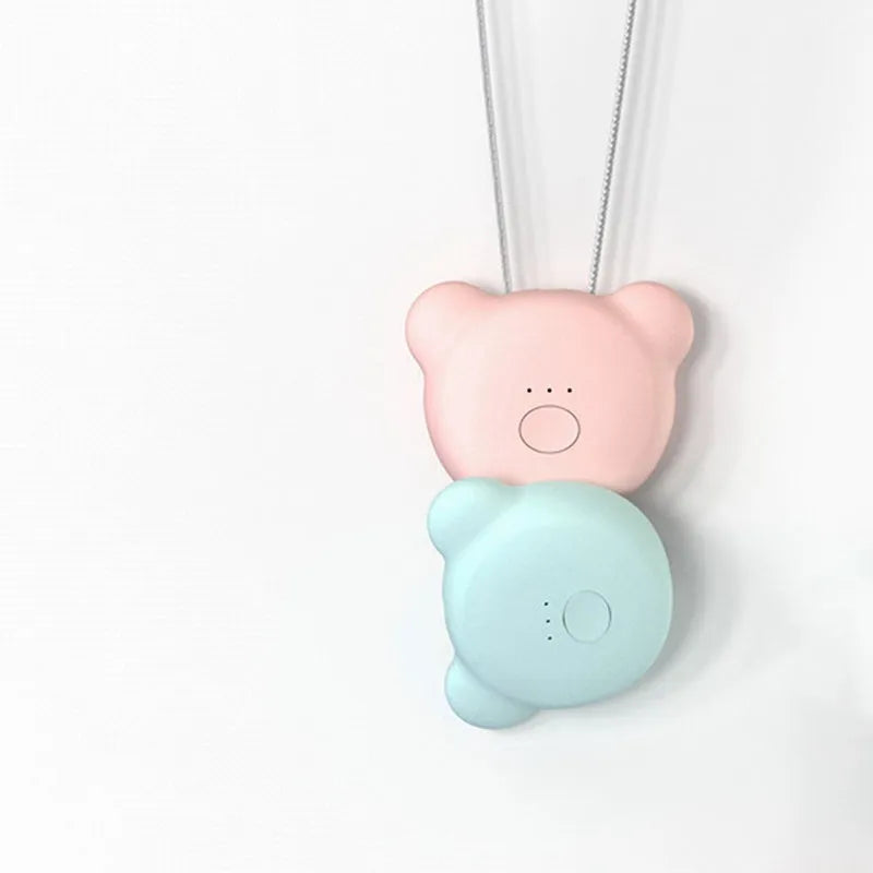 Mini USB portable air purifier necklace in collar design shown in blue, grey, pink and white colours.