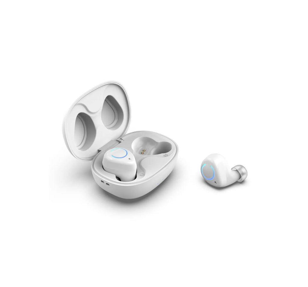M18 true wireless Bluetooth earbuds in black and white colours with charging case
