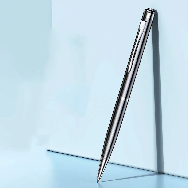 Black pen-shaped zinc alloy voice recorder shown with headset and data cable.