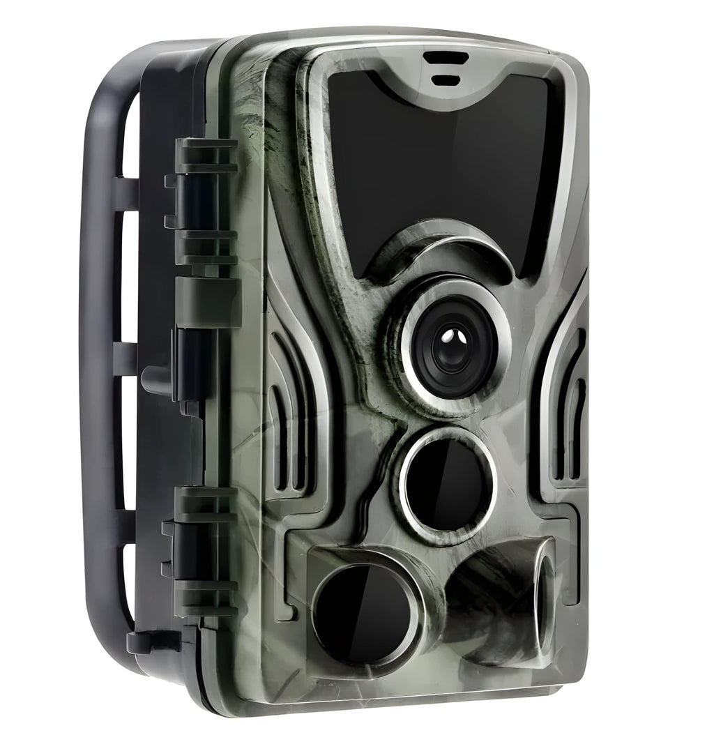 Green camouflage trail camera with 16MP sensor and IP65 waterproof rating for outdoor wildlife monitoring