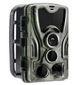 Green camouflage trail camera with 16MP sensor and IP65 waterproof rating for outdoor wildlife monitoring