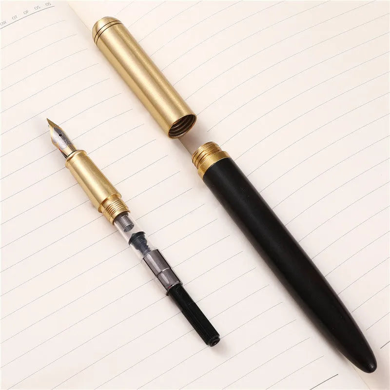 Business fountain pen with stainless steel nib and wooden body in rosewood finish on white background