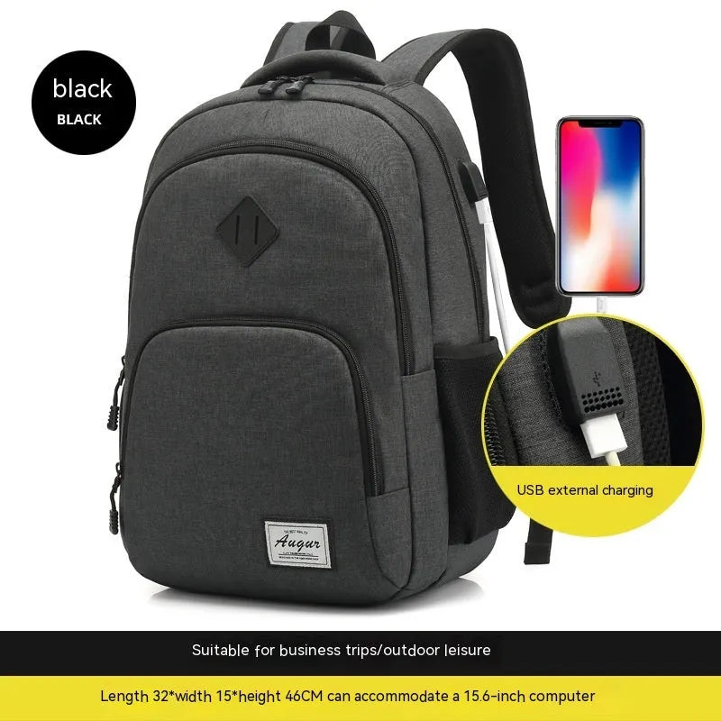 Grey nylon backpack with USB charging port showing dimensions and trolley straps