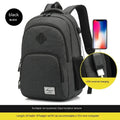 Grey nylon backpack with USB charging port showing dimensions and trolley straps