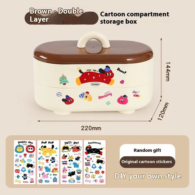 Red and brown cartoon sticker designs on a plastic desktop storage box with grid organiser compartments.