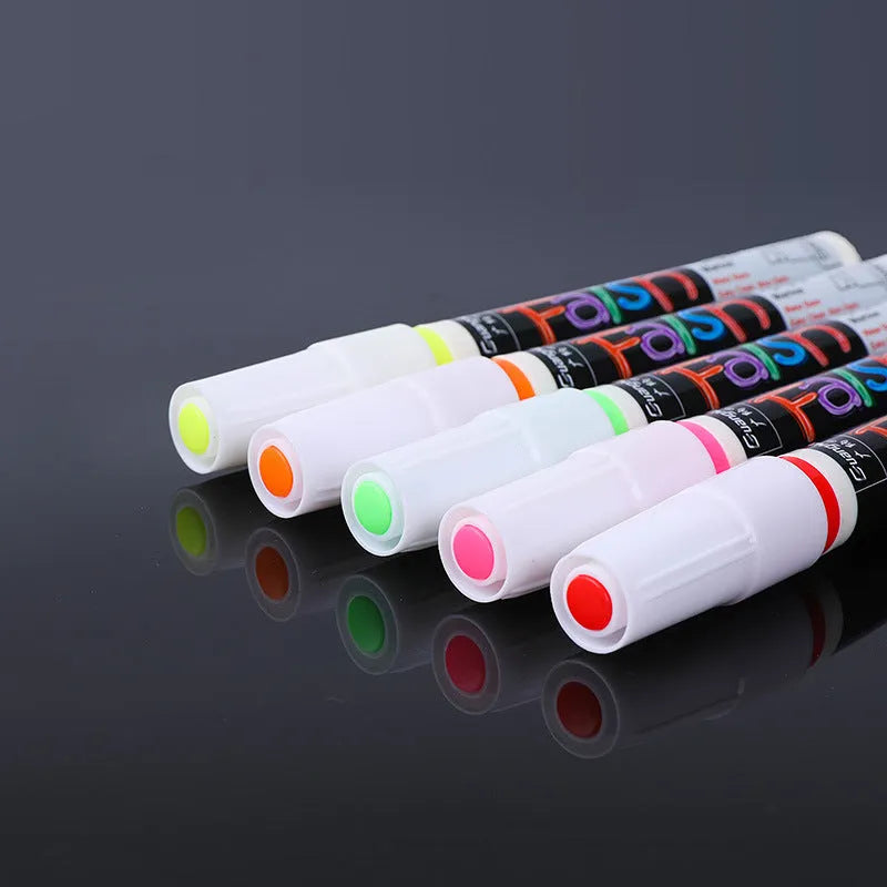 Set of 8 refillable fluorescent board highlighters with oblique 6mm tips, shown on card packaging.
