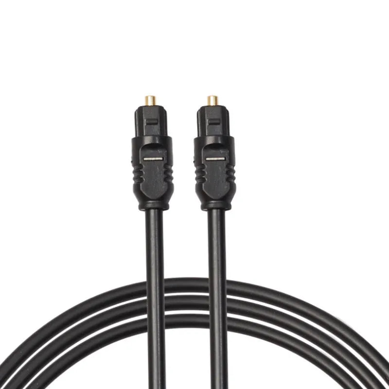 Black Toslink fibre optic audio cable with square connectors showing 2 metre length