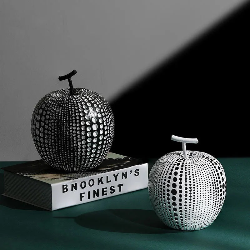 Resin apple and pear decorative crafts in black, white, orange, and blue colours