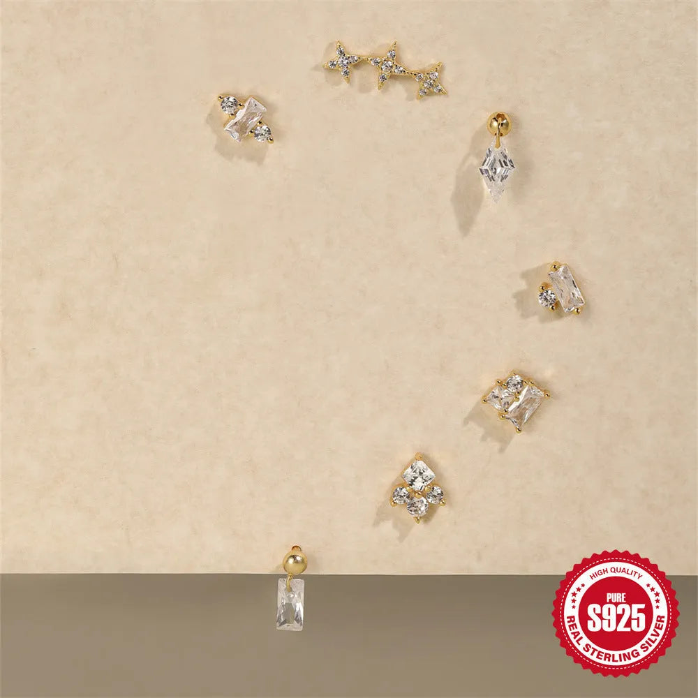 S925 sterling silver square gravel flower stud earrings with electroplated golden finish