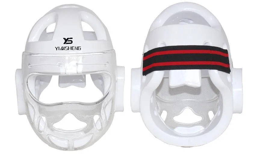Karate protective helmet in white, blue, or red colour available in S, M, L, XL sizes for martial arts training