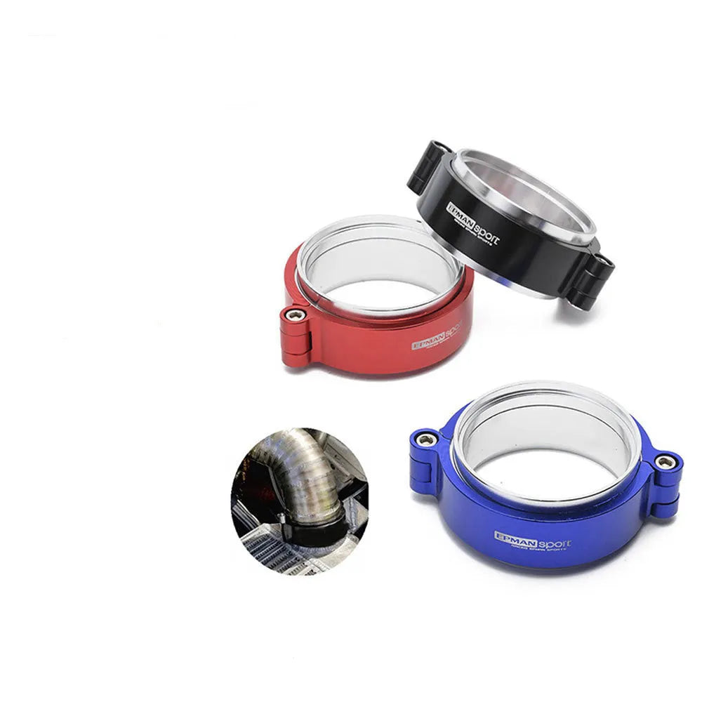 Aluminium fixed movement clamp for car exhaust downspout, shown in black colour.