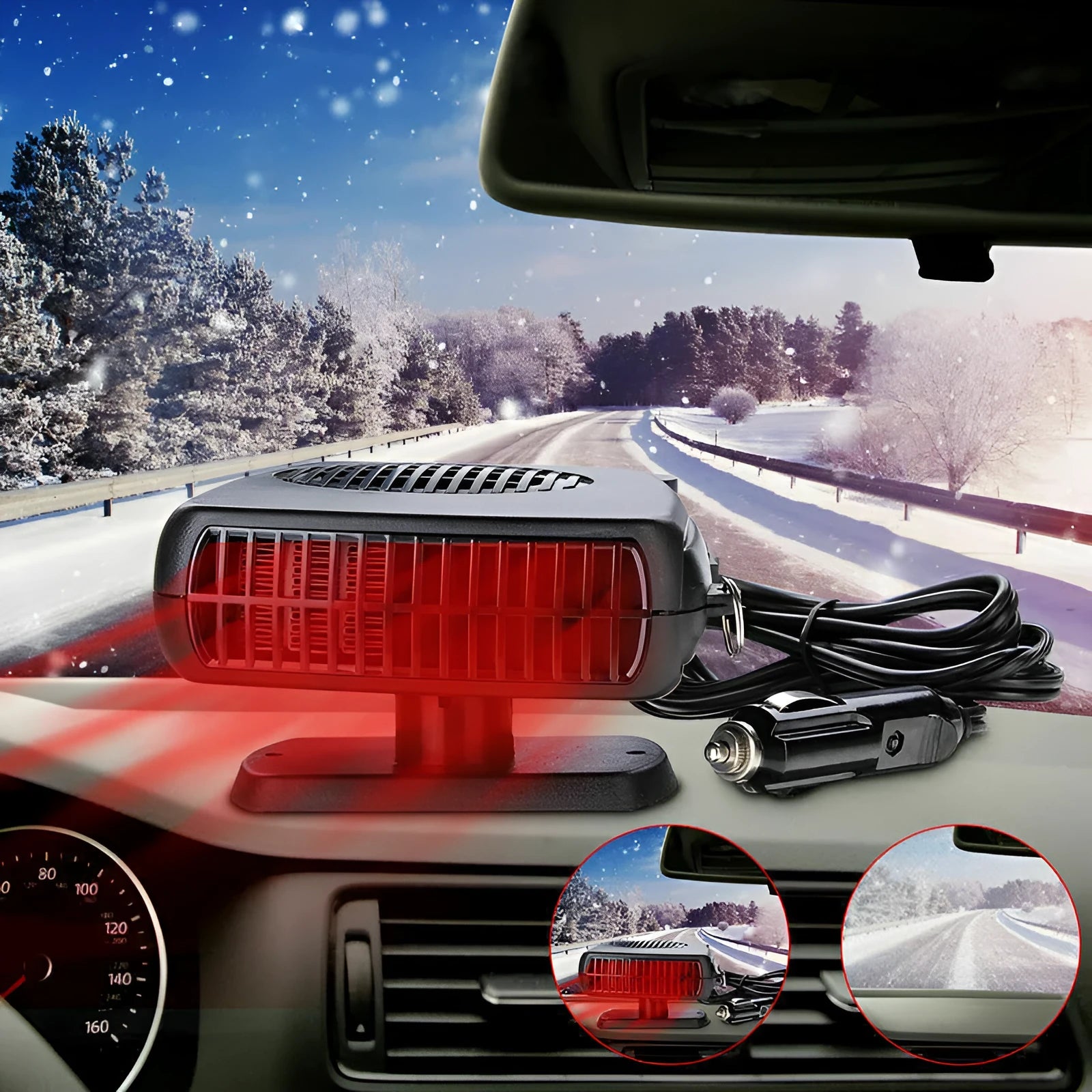 Portable 12V/24V car heater fan, black ABS, windscreen demister defroster with 360-degree rotation, compact size 13 x 11 x 4 cm.
