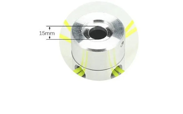 Silver aluminium lawn mower grass trimmer head with four light yellow square lines, a wrench, and a gasket