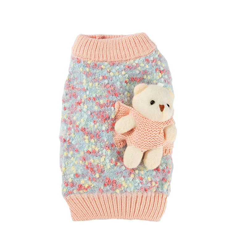 Blue autumn winter pet sweater with three-dimensional bear floral yarn pullover design for small medium dogs and cats