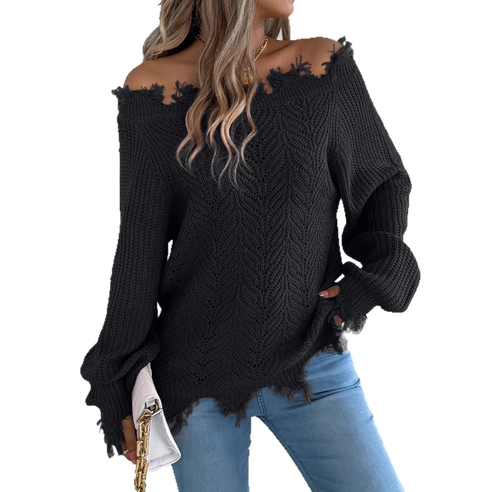 Cut off-the-shoulder acrylic sweater with hollow-out detailing in black, orange, and white colour options