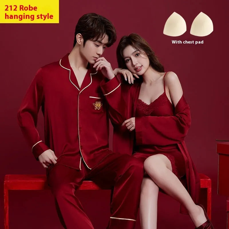 Red silk pyjama set for men and women with long sleeves