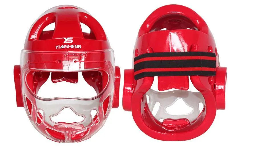 Karate protective helmet in white, blue, or red colour available in S, M, L, XL sizes for martial arts training