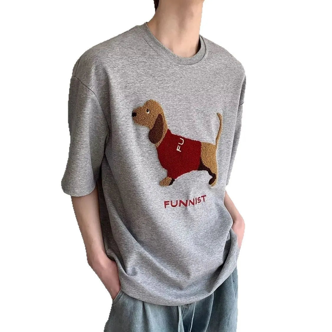 Grey men's cotton T-shirt with embroidered sausage dog and towel design on front.